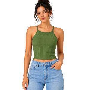 Débardeur court côtelé vert olive personnalisé pour femme, sans manches, à fines bretelles, coupe ajustée, décontracté, pour l'été, style camisole, vêtement OEM - Product Image 1
