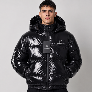 Unique Design Men's Black Hooded <b>Bubble</b> Jacket Waterproof Streetwear Winter <b>Coat</b> with Foil Print and Zipper <b>Bubble</b> Jacket - Product Image 1