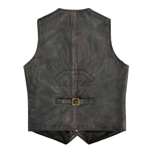 <b>Men's</b> Vintage Genuine <b>Leather</b> V-neck <b>Waistcoat</b> With Button Closure And Pockets Autumn Outer Wear - Product Image 4