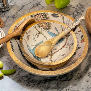 Handcrafted wooden serving <b>bowl</b> with serving spoon multi Colour <b>enameled</b> design hot selling for serving fruits in home & party - Product Image 1