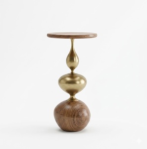 Eclectic <b>Round</b> Wooden <b>Side</b> <b>Table</b> with Carved Patterns on TOP And Bottom with Metal Brass Accents For Living Room Furniture - Product Image 2