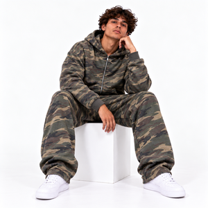 Ensemble de survêtement camouflage à capuche pour homme, coupe ample, décontracté, avec sweat-shirt et pantalon à poches latérales et fermeture éclair, idéal pour l'automne - Product Image 2