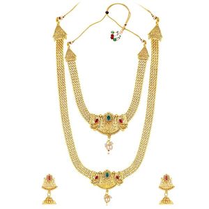 Ensemble collier et boucles d'oreilles en alliage plaqué or 24 carats avec zircon et perles, bijoux de mariage traditionnels pour femmes, forme cloche classique - Product Image 6