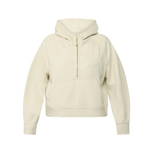<b>Women's</b> <b>Cream</b> Hooded Sweatshirt Full Sleeve Solid Color <b>Fleece</b> Half Zipper Front Breathable Autumn Casual Wear - Product Image 1