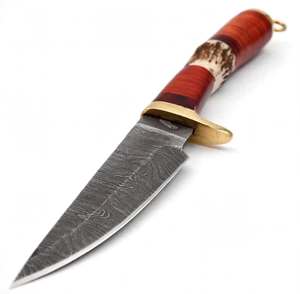 Outil utilitaire d'extérieur en acier Damas artisanal sur mesure, manche en cuir superposé avec corne de cerf naturelle, garde en laiton - Product Image 5