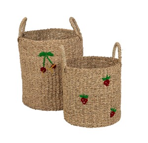Wholesale Seagrass Storage <b>Basket</b> Set Handwoven Fruit Embroidered Organizer Bin Creative Round <b>Wicker</b> Pot with <b>Handles</b> - Product Image 3