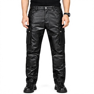 Pantalon de motard décontracté multi-poches coupe slim de haute qualité en cuir véritable, style punk hip-hop pour hommes - Product Image 4