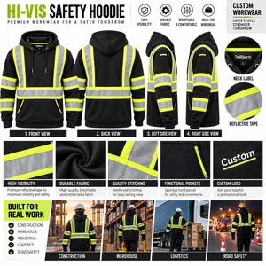 TwillSports <b>Hi</b> <b>Vis</b> Reflective Hoodie Men's Safety Workwear <b>Black</b> with Yellow Stripes High Visibility Outdoor Clothing - Product Image 6