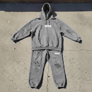 Custom Printed Two-Piece Solid Distressed <b>Pullover</b> Hoodie Straight Leg Flared Fleece-Lined Sweatpants Winter Streetwear - Product Image 4