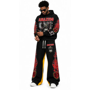 Ensemble de survêtement évasé délavé à l'acide avec fermeture éclair, 500 GSM, coupe droite, effet usé, comprenant un sweat à capuche et un pantalon de jogging pour homme - Product Image 2