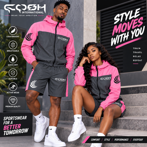 Ensemble de survêtement coupe-vent unisexe léger rose et gris avec blocs de couleur, capuche zippée, design sportif, en polyester respirant - Product Image 5