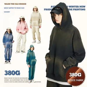เสื้อฮู้ดดี้สีเขียวมะกอกแบบย้อมสีสไตล์วินเทจทรงโอเวอร์ไซส์สำหรับผู้ชาย มีกระเป๋าจิงโจ้ แขนยาว สตรีทแวร์ - Product Image 4