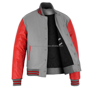 2026 OEM Men's <b>Top</b> Trending Grey Wool With Red <b>Leather</b> Sleeves Varsity Jacket 100% <b>High</b> Quality Low MOQ Heated Fashion Jackets - Product Image 3