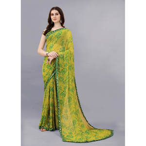 GEORGETTE populer dicetak SAREE dengan Blus tanpa jahitan hijau - Product Image 1