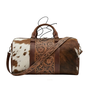 Western Cowhide <b>Leather</b> Duffle Bag Tooled Weekender Travel Bag Hair On Hide Overnight Handbag for <b>Women</b> <b>Holdall</b> Carryall Bag - Product Image 1