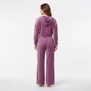 Conjunto Deportivo Casual de Terciopelo para Mujer, Sudadera Corta con Hombros Caídos y Cremallera Completa, Pantalón de Pierna Ancha y Cintura Alta - Product Image 3