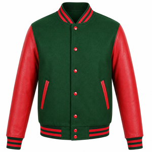Men's Green White Varsity <b>Jacket</b> Regular Fit Solid Color Turn-down Collar Woven Cotton Polyester Shell Zipper Front Winter - Product Image 1