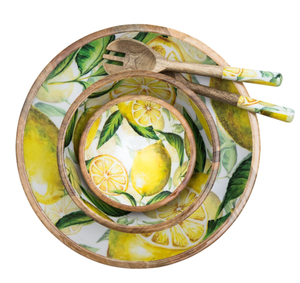 Bol de service à salade en bois fini émail tendance avec 2 cuillères Bols à soupe en bois imprimés au design admirable pour ustensiles de cuisine utilisés - Product Image 1