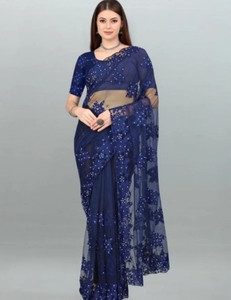 Sari de Viscosa Bordado Reversible y Sin Arrugas KV (Azul) para Fiestas y Eventos - Product Image 1