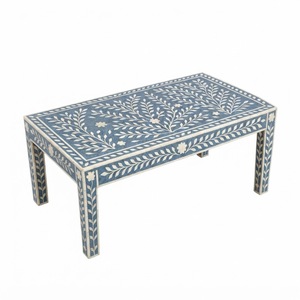 Indigo Blue Ikat Bone Inlay Coffee <b>Table</b> Modern Geometric Accent Stool Round <b>End</b> <b>Table</b> For <b>Living</b> <b>Room</b> Bedroom Home Decoration - Product Image 6
