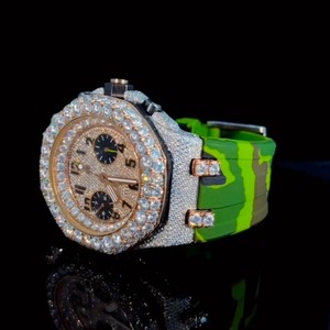 Montre de luxe pour homme en or rose, sertie de diamants Moissanite VVS taille ronde, style Hip Hop, avec bracelet en caoutchouc intelligent - Product Image 3