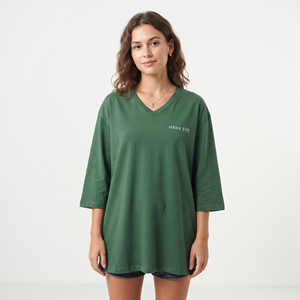 Loose Fit Women's Oversized V Neck Longline Cotton T Shirt Three Quarter Sleeve Lightweight Custom Printed Embroidered Tee - Product Image 1