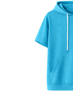 Haut à capuche bleu personnalisé à manches courtes pour homme, pull décontracté à capuche, t-shirt léger d'été, style streetwear, en mélange de coton avec poches - Product Image 4