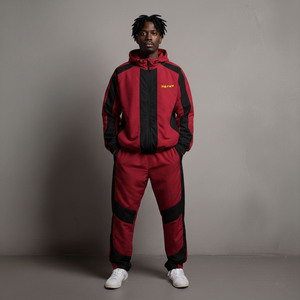 Men's Red Black Color Block Windbreaker <b>Tracksuit</b> Hooded Zipper Full Sleeve Jogger Set Breathable <b>Polyester</b> Autumn Wear - Product Image 1