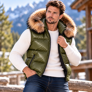 Großhandel Herren Echtleder Pelzkapuzen-Weste |   Herren Lederweste mit Pelzkapuze Großhandel |   Herren-Lederweste mit Kapuze - Product Image 1