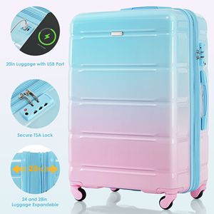 Set di portabagagli USB da 20 pollici con supporto per portabicchieri certificata compagnia aerea azzurra con ruote Spinner a guscio rigido ABS + PC - Product Image 4