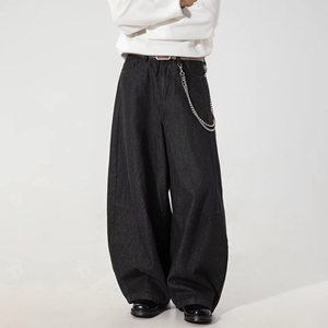 Pantalon en jean droit rétro personnalisé pour homme, coupe large, avec chaîne, noir, collection automne - Product Image 4