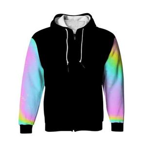 Sudadera con Capucha Negra para Hombre con Mangas con Degradado Arcoíris, Cierre Frontal con Cremallera, Estampado por Sublimación, Tejido de Poliéster, Estilo Urbano Otoñal - Product Image 1
