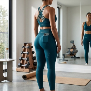 Conjunto de yoga acanalado color verde azulado para mujer, sujetador deportivo cruzado, leggings de cintura alta, ropa deportiva para gimnasio, entrenamiento, conjunto deportivo de dos piezas - Product Image 6