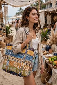 The Moountain Boy Color Blocked <b>Patchwork</b> Tote <b>Bag</b> with Ethnic Print Design Street Style for Spring and Summer Use - Product Image 3