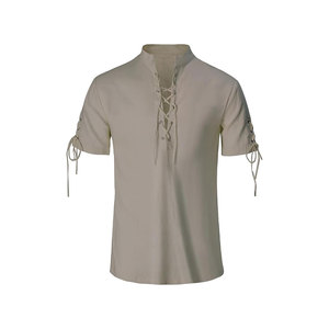 Chemise à manches longues bleu clair pour homme avec col montant et laçage sur le devant, en coton tissé décontracté, coupe classique, couleur unie - Product Image 2