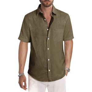 Camisa de Lino con Botones, Camisa de Vestir de Lino Puro, Mezcla de Algodón, Bolsillo en el Pecho, Cuello Cubano, Transpirable, Lisa, Holgada - Product Image 1