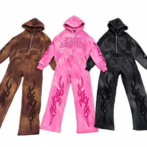 Conjunto Deportivo con Capucha y Cremallera para Mujer, Estilo Y2K, Estampado Tribal de Llamas Tie Dye, Traje Casual de Longitud Completa - Product Image 1