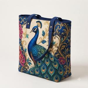 Peacock Royal Floral Printed Cotton Canvas <b>Tote</b> <b>Bag</b> <b>Vintage</b> Large Capacity Women Shoulder Handbag Eco Friendly Reusable Shopping - Product Image 1