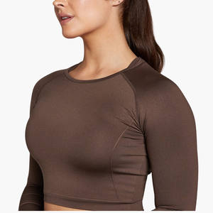 Camiseta Deportiva de Secado Rápido para Mujer, Personalizada al por Mayor, Manga Larga, Cuello Redondo, Corte Ajustado, para Yoga, Ejercicio, Gimnasio, Top Corto - Product Image 2