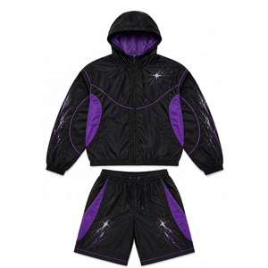 Ensemble de survêtement d'été noir et violet uni scintillant, veste à capuche et short, léger, deux pièces, coupe-vent imprimé personnalisé sur le devant, taille S - Product Image 1