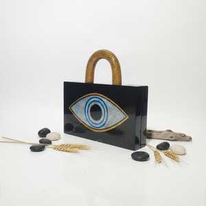 Pochette en résine œil porte-bonheur classique faite à la main : Sac de soirée noir et or pailleté, aspect résine, qualité supérieure, étanche, avec chaînes de perles - Product Image 2