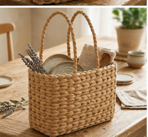 Panier de rangement moderne en jacinthe d'eau naturelle tressée avec poignée tressée pour organisateur de cuisine - Product Image 2