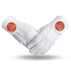 Guantes de Algodón Blancos del Capítulo del Arco Real con Parche Bordado de Triángulo Rojo, Guantes de Regalia Ceremonial - Product Image 1