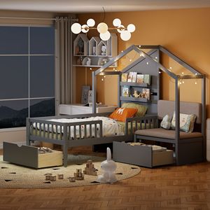 Letto a forma di casa grigio per bambini, con divano imbottito, stazione di ricarica wireless e due cassetti - Product Image 3