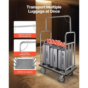 Hotel Luggage Cart 1200 LBS Load Capacity <b>Brushed</b> Stainless Steel Finish Bellman's Cart Valet Cart with Grey Carpeted <b>Deck</b> - Product Image 2