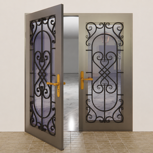 Porte d'entrée double en fer forgé de luxe, sur mesure, avec inserts en verre, décorative, extérieure, pour villa, maison, résidence, étanche - Product Image 3