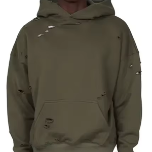 เสื้อฮู้ดดี้ครอปทรงโอเวอร์ไซส์ผ้าเฟรนช์เทอร์รี่คุณภาพพรีเมียมสไตล์วินเทจสำหรับผู้ชาย ดีไซน์ขาดๆ แบบสตรีทแวร์ จากผู้ผลิต - Product Image 3