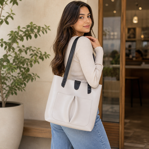 Sac fourre-tout élégant bicolore pour femme en cuir PU, sac à bandoulière avec poche avant, sac de transport décontracté pour le bureau et le shopping - Product Image 2