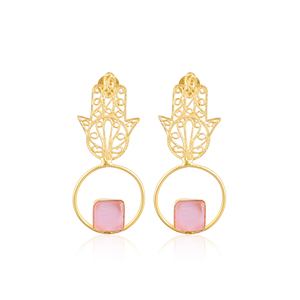 Elegant Pink <b>Cat's</b> Eye Gemstone <b>Earrings</b> Gold Plated Brass Fashion Jewelry for Women - Product Image 1