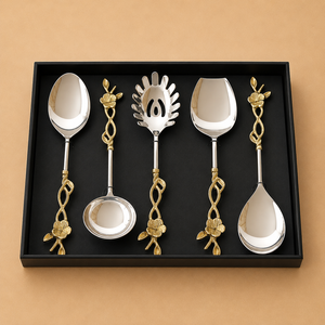 Artisan Stainless Steel <b>Serving</b> <b>Spoon</b> Gift Set Featuring <b>Gold</b> Leaf Embellishments and Contemporary Styling - Product Image 1